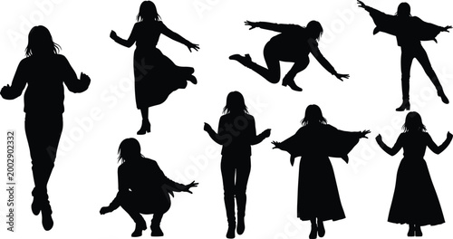 Black silhouette collection of active young women jumping dancing and posing in stylish outfits isolated on white background for lifestyle and fashion design (25 words)