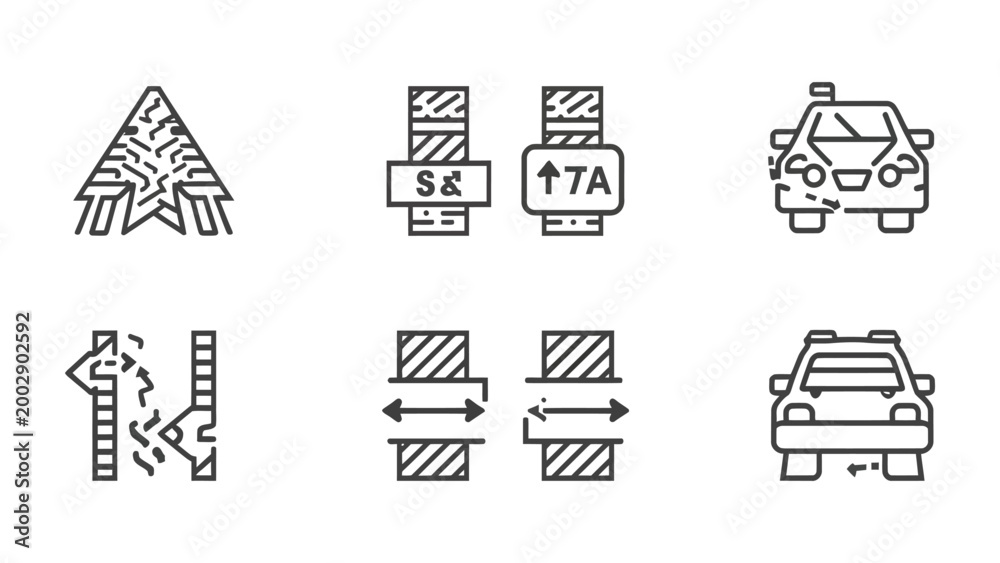 Fototapeta premium Road Signs and Vehicle Icons: A collection of concise line-art road signs and vehicle icons, meticulously crafted to guide, inform, and represent various aspects of transportation and safety.