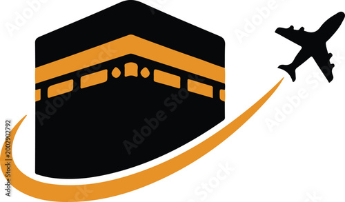 Black kaaba with orange trim and airplane silhouette flying on white background, mecca islam muslim