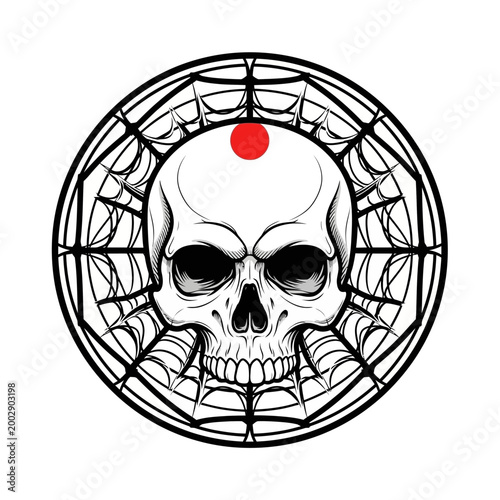 Scary Skull with Spiderweb and Red Dot - Dark Halloween Symbol