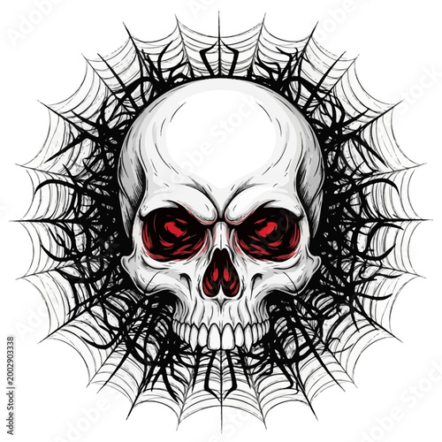 Scary Skull with Red Eyes and Spooky Spider Web - Dark Halloween Art