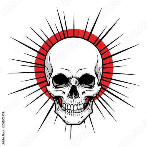 Scary Skull with Red Sunburst Background - Spooky Halloween Art
