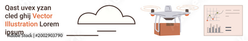 Logistics technology, quadcopter delivery, data analytics, cloud computing, operational efficiency, ecommerce. Quadcopter carrying a package and data graphs. Logistics technology and drone delivery