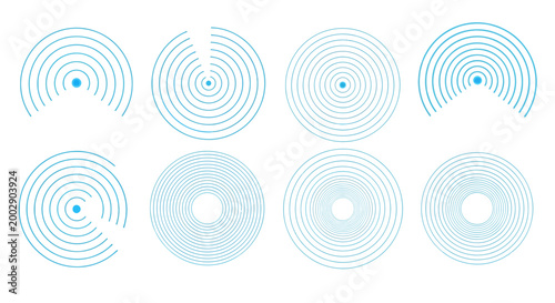 Collection of Concentric Circle Patterns and Disc-Like Designs in Blue Tones for Visual Graphic Resources.