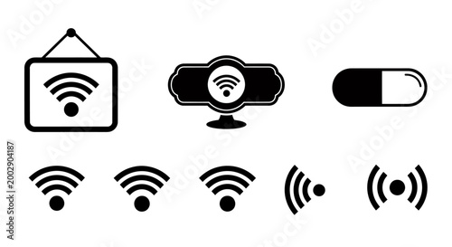 Collection of wireless wifi icons including cloud symbols, signal bars, and a toggle switch in black and white for digital design.