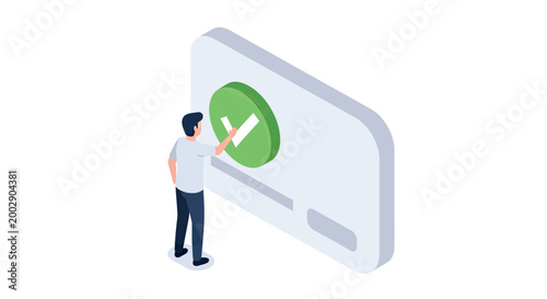 Isometric Man Confirming Task Completion or Success with a Large Green Checkmark Icon on Digital Interface