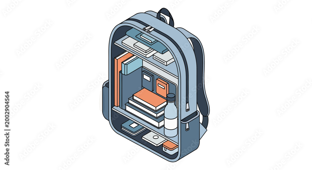 Fototapeta premium Isometric Vector Illustration of an Open Backpack Packed with School Supplies, Books, Notebooks, and a Water Bottle