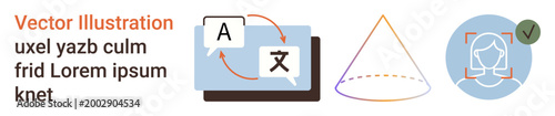 Language translation, technology, AI, data analysis, authentication, identity confirmation. Speech bubble with text, cone illustration face recognition icon. Language translation and technology