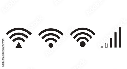Set of four increasing wifi symbol icons in a monochrome vector style for digital connectivity and wireless network imagery.