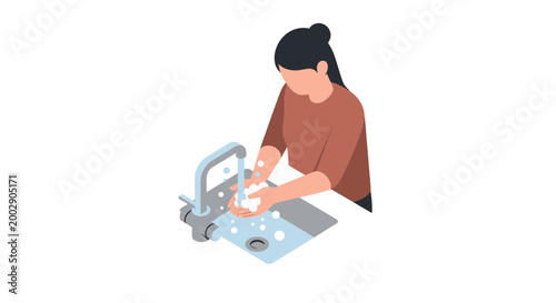 Woman Washing Hands in a Sink with Soap and Water for Hygiene and Health Maintenance Vector Illustration