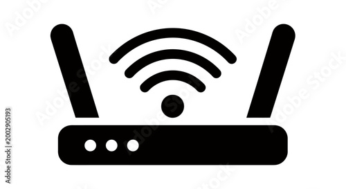 Wireless router with WiFi signal, antennas, and icon illustration.