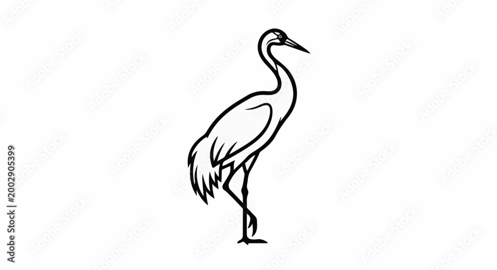 Fototapeta premium Line drawing of a graceful standing crane on a white background