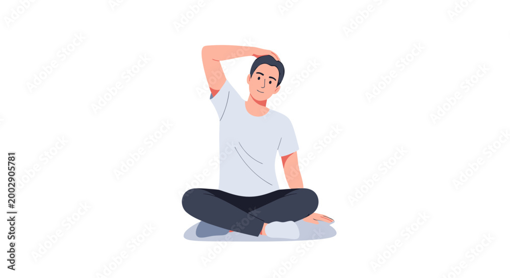 Fototapeta premium Young man sitting cross-legged and performing neck stretch exercises for wellness and flexibility