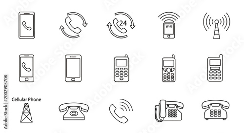 Collection of line icons depicting mobile phones and wireless communication devices in a vintage telecom style.