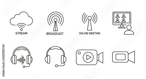 Collection of online communication icons including streaming, broadcasting, video meetings, and headsets.