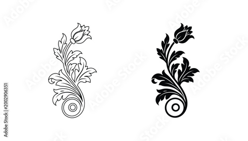 Elegant floral scroll ornament set with intricate botanical details for classic design projects in vector format