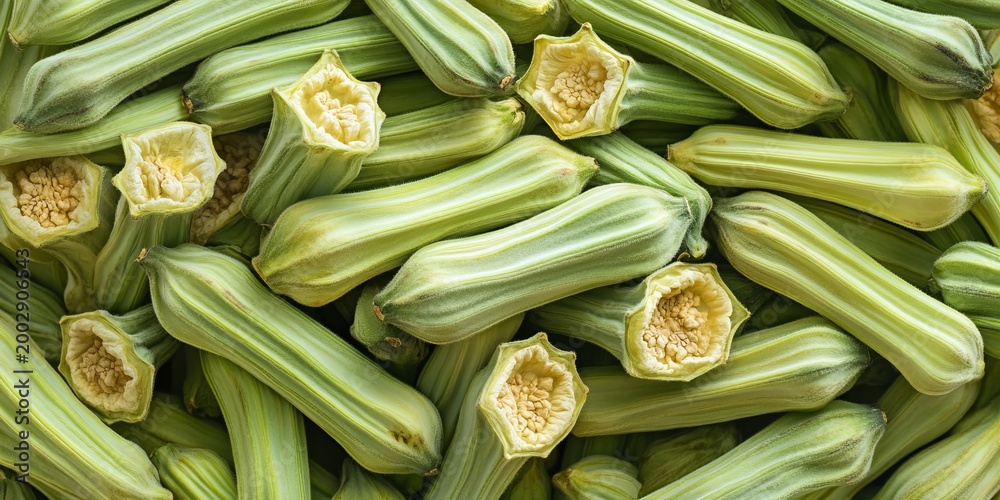 Fototapeta premium Dehydrated Okra Slices and Vegetable Chips for Healthy Snacking, Close-Up of Natural Ingredients