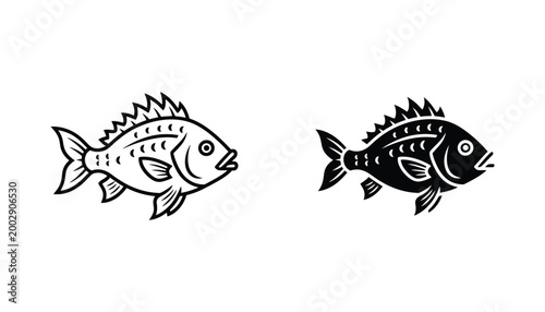 Detailed fish icon set with prominent spines and scales for fishing and marine industry graphic design