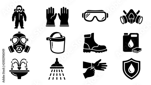 Chemical Safety PPE Silhouettes Set – Hazmat Suit, Gloves, Goggles, Respirator, Gas Mask, Safety Equipment Icons
