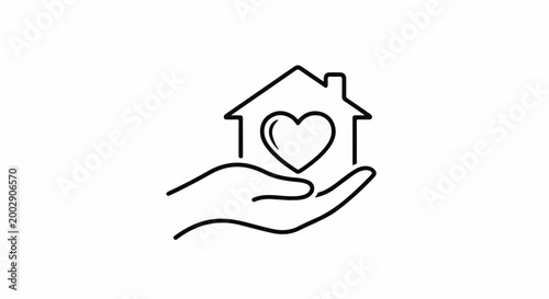 A line art symbol shows a hand holding a house with a heart inside