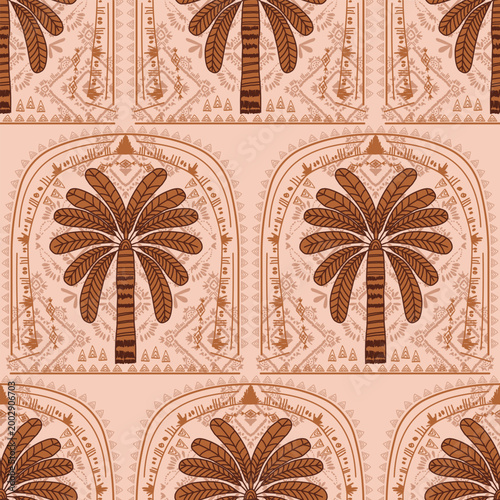 Seamless pattern with hand drawn palm trees framed in decorative arches. Ethnic folk African inspired ornament in retro style. Muted beige pink and brown tones create a warm summer resort mood. Ideal