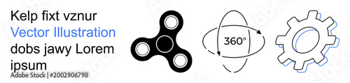 Engineering design, motion mechanics, physics concepts, 3D modeling, industrial processes, vector graphics. Includes a fidget spinner, rotation icon and cogwheel. Motion mechanics and engineering