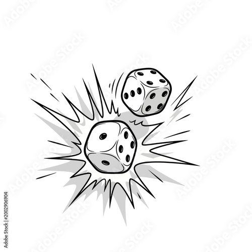 Two dice tumbling and exploding with motion lines, symbolizing chance and luck