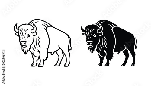 Majestic bison standing in profile vector illustration set with clean contour lines and solid black silhouette for wildlife branding American wilderness graphic design and nature conservation assets