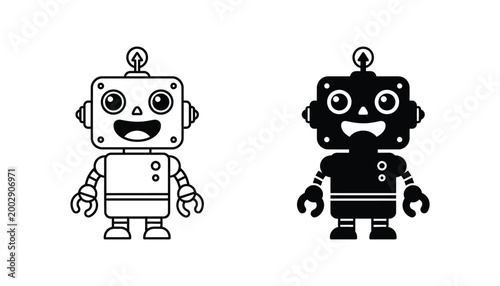Cute cartoon robot character vector illustration showing friendly mechanical droid in outline and solid black silhouette for children branding