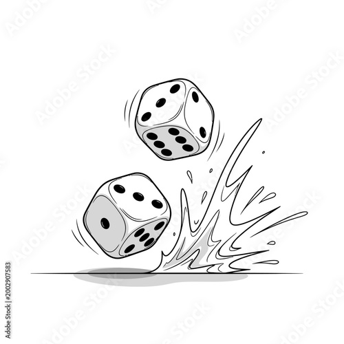 Two white dice falling and splashing water, representing chance and gambling