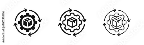 Logistics process and automated shipping icons set with gear and package