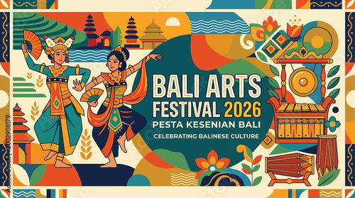 A vibrant flat design vector illustration depicting stylized Balinese dancers for a "Bali Arts Festival 2026" banner. This clean and modern design captures the spirit of traditional performance.