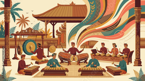 A modern flat design vector illustration capturing the essence of a Balinese Gamelan orchestra, with stylized musicians playing traditional instruments. 