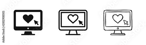 Online dating and social media love icons set with monitor and heart