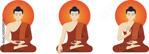Set of Buddha characters sitting in meditation with three different mudras vector illustration