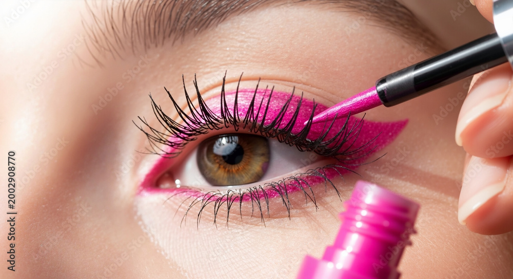 Naklejka premium Macro shot of woman applying intense pink winged liquid eyeliner with fine brush. Bold eye makeup. Spring and summer beauty concept