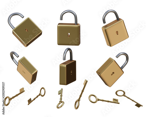 Collection of golden padlocks and keys 3D render illustration isolated on white background
