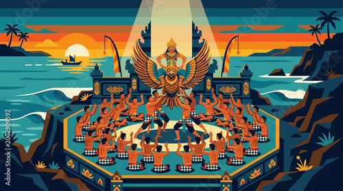An energetic flat design vector illustration of Bali's phenomenal Kecak Dance performance, featuring a traditional, legendary story from ancient times. Set against the backdrop of Bali's natural beaut