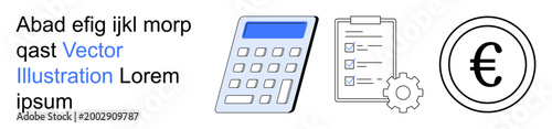 Finance, accounting, business planning, euro currency, calculation tools, task management. Calculator with a screen, checklist with a gear and euro symbol. Finance and accounting concept