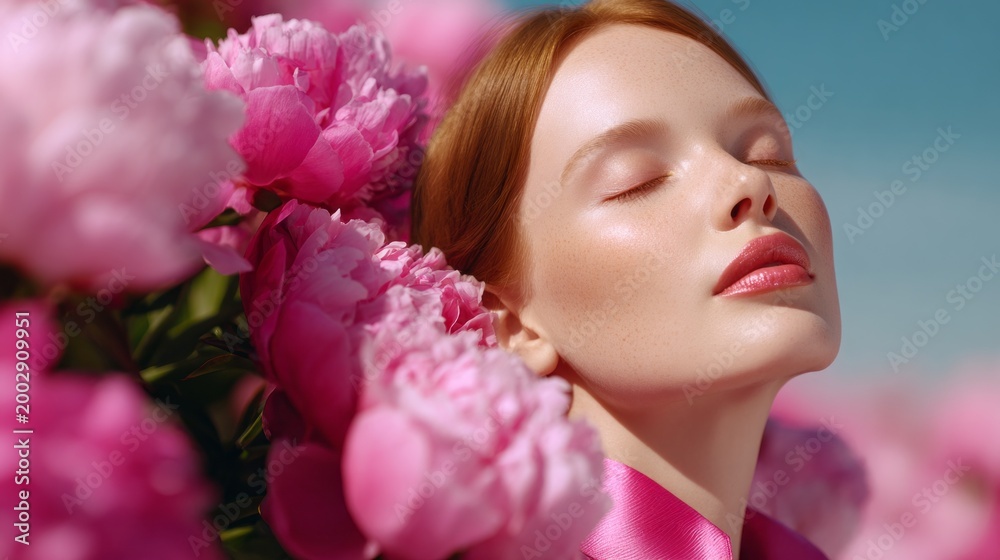 Naklejka premium A serene woman with glowing skin enjoys the fresh scent of vibrant pink peonies on a sunny spring day. Her peaceful expression captures the essence of blooming nature's beauty