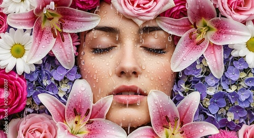 Woman with closed eyes surrounded by vibrant flowers and water droplets