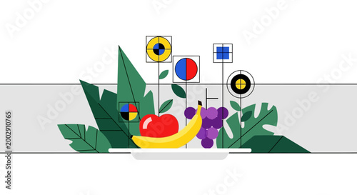 Modern Flat Illustration of Fresh Fruit Plate with Abstract Geometric Elements