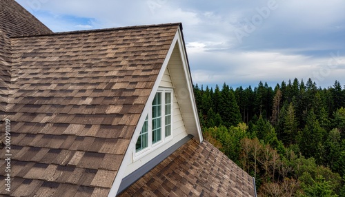 Aframe roof with forest view.