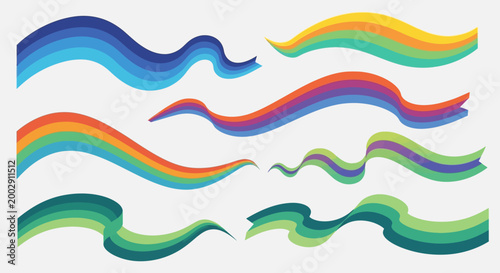 Set of Abstract Colorful Wavy Ribbons and Flowing Vector Shapes