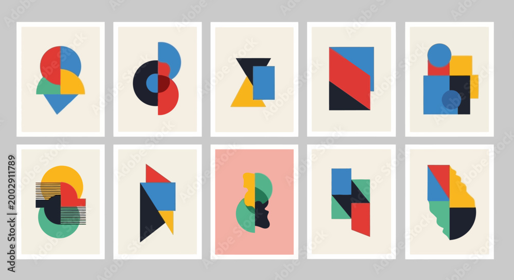 Fototapeta premium Set of Abstract Geometric Posters with Bauhaus Inspired Minimalist Shapes