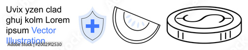 Healthcare, finance, security, protection, wellness, medical insurance. A blue medical cross on a shield, a segmented capsule and a coin symbol. Healthcare and finance concepts for coverage