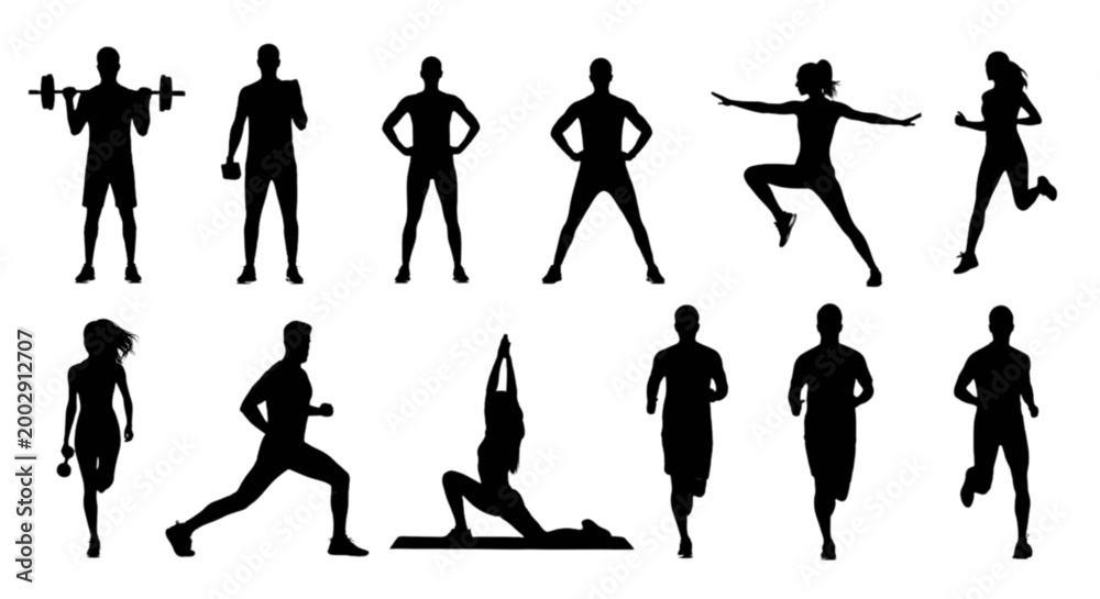 Fototapeta premium Silhouette people doing various fitness exercises isolated on transparent background, Vector