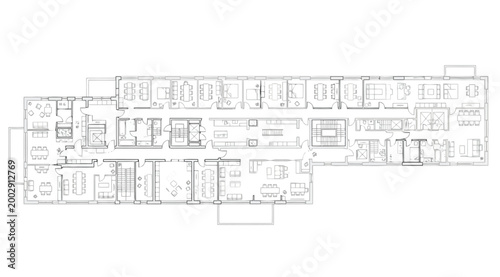 Architectural floor plan of a modern office building with multiple rooms and corridors