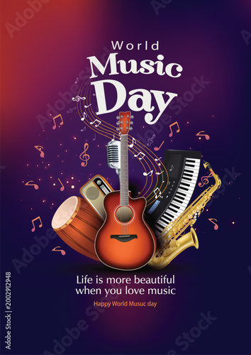 happy world music day and musical instruments with yellow background. vector illustration design