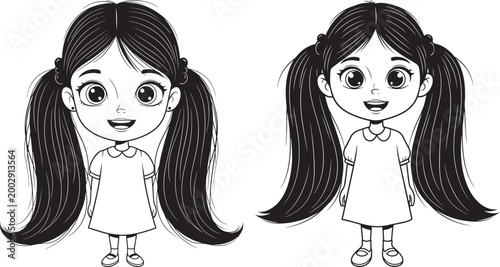 Two cartoon girls with pigtails and white dresses black and white outline illustration white dress full body two children people illustration child illustration kid illustration girl illustrat